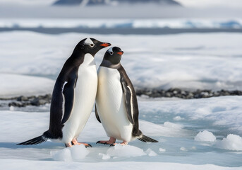 Obraz premium Emperor and king penguins stand on the snowy, icy shore of Antarctica, their black and white forms a striking contrast against the cold winter wildlife