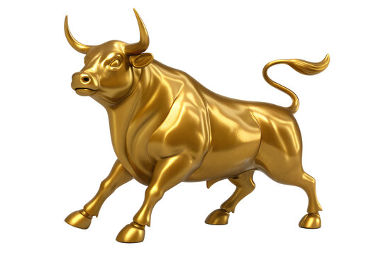 Dynamic golden bull statue, symbolizing financial market strength, prosperity, and economic growth, elegantly poised to represent wealth and success on a pristine white backdrop.
