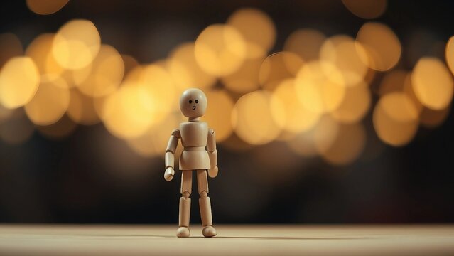 Wooden human figurine with a question mark Minimalism Asking a question searching for truth and dema