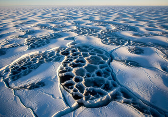 An aerial view of a vibrant blue sky with clouds over the ocean, surrounded by a frozen white landscape