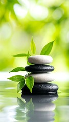 Stacked stones and green leaves reflected in calm water against a blurred green background