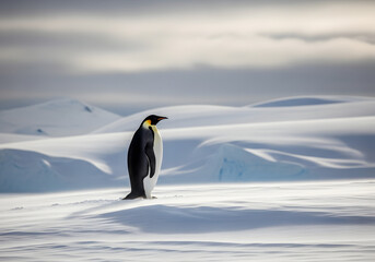 Obraz premium Emperor and king penguins stand on the snowy, icy shore of Antarctica, their black and white forms a striking contrast against the cold winter wildlife