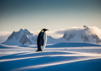 Fototapeta premium Emperor and king penguins stand on the snowy, icy shore of Antarctica, their black and white forms a striking contrast against the cold winter wildlife