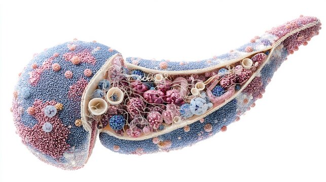 Diabetes pancreas anatomy insulin hormone secretion beta cells of islets of Langerhans endocrine disease structure medical illustration of human pancreas cellular detail white background