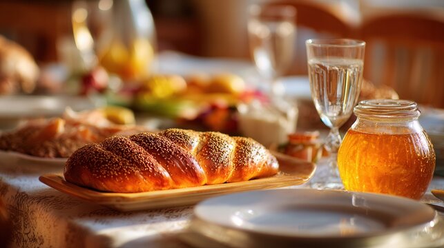 A beautifully arranged dining table with a loaf of bread, honey jar, and glasses. The setting is warm and inviting, perfect for a family gathering or celebration.