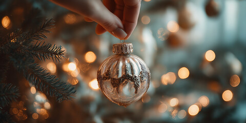 Female hand holding a Christmas toy isolated on white background.