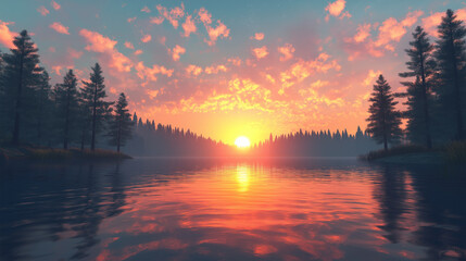 Beautiful sunset reflected in the lake