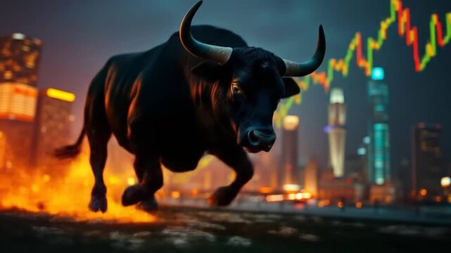 A black bull with shining horns charges forward against a backdrop of cityscape and fluctuating financial charts. 4k video