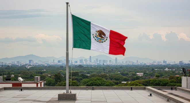 Mexico National Flag Waving on Rooftop with City Skyline and Green Landscape - Powered by Adobe