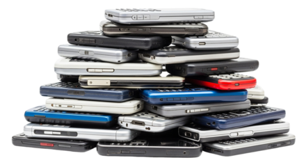 A cluttered pile of old flip phones stacked haphazardly on top of each other in a messy arrangement