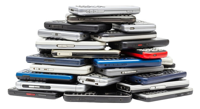A cluttered pile of old flip phones stacked haphazardly on top of each other in a messy arrangement