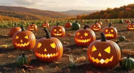 Jack olantern pumpkins in field during autumn for halloween celebration