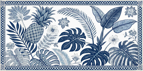 Illustration of tropical plants including pineapple monstera and palm with a border in blue and white