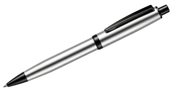 A close up shot of a silver ballpoint pen with a black clip in a studio setting