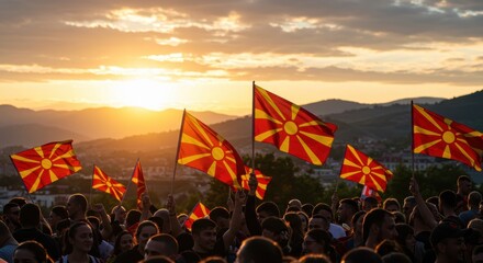 North Macedonia Independence Day Celebration with Waving Flags at Sunset