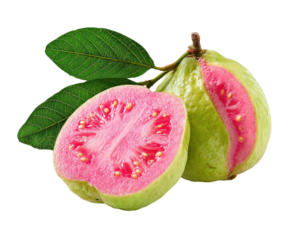 Close-up of two halves of a guava.  Pink flesh, green rind.  Fresh, tropical fruit.  Leaves attached