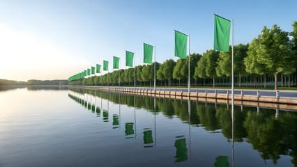 Green Flags by the Water: A serene waterscape is adorned with a line of vibrant green flags fluttering gently against the backdrop of lush trees under a clear blue sky.