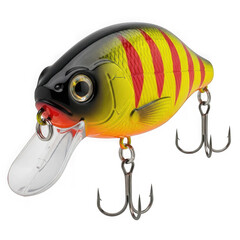 A realistic fishing lure designed to mimic a small fish, featuring vibrant yellow and red stripes and sharp treble hooks, isolated on a transparent background