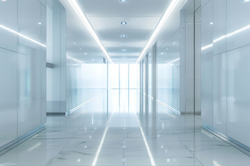 自然光が差し込むモダンなオフィス廊下の背景