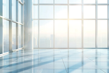 明るい光が差し込む近代的なガラス張りオフィスの背景