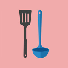 An illustration of a gray slotted spatula with three slots and a blue ladle with a long handle, set against a pink background.