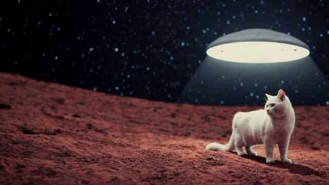 A white cat stands on the red surface of Mars under a hovering UFO. The background features a starry sky, creating a surreal extraterrestrial scene.