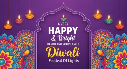 Happy and bright diwali festival of lights greeting card with traditional decorations, lamps, and peacock motifs on a purple background