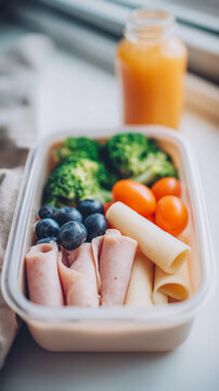 Healthy lunchbox with turkey slices, cheese, and fresh vegetables  