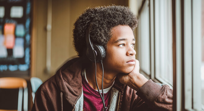 Young black boy listening to music and gazing out the window   - Powered by Adobe