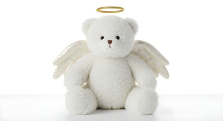 Fototapeta premium Angel teddy bear plush with wings and halo, soft and adorable, realistic photo on white background