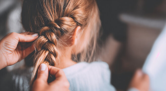 Mother  braiding young girl's hair indoors for Back to school concept  