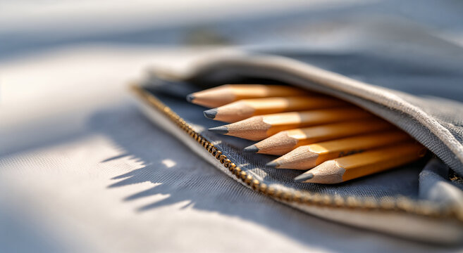 Assorted pencils inside a grey pencil case on a light background  