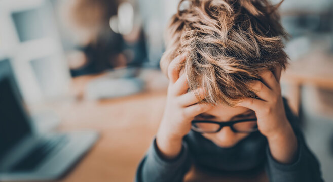 Young boy with glasses frustrated while studying at a desk  