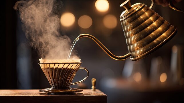 Precise Pour Over Coffee Brewing Golden Metal Gooseneck Kettle Pouring Hot Water Over Coffee Filter On Wooden Surface With Warm Brown Background And