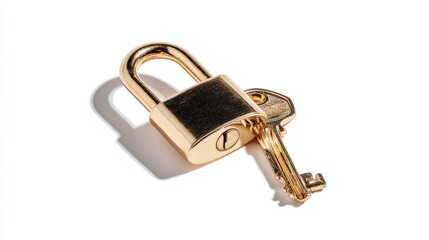 Gold Padlock And Key On White Background Security And Safety Concept Photography, Detailed Closeup Of Elegant Metal Lock And Matching Key, Symbol Of