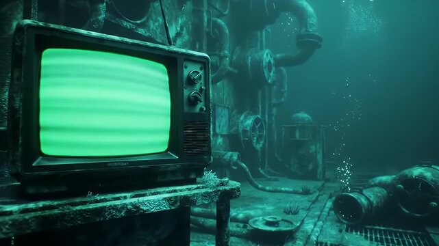 Subaquatic Retro TV: Ethereal Glow in Derelict Underwater Lab