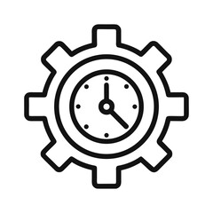 Black outline clock and gear combination icon for time management and mechanics