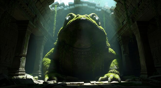 Colossal Moss-Covered Frog Deity with Glowing Eyes in a Sunlit Ruin - Powered by Adobe