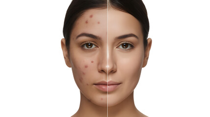 Split face comparison showing skin transformation from acne to clear healthy skin isolated on transparent background