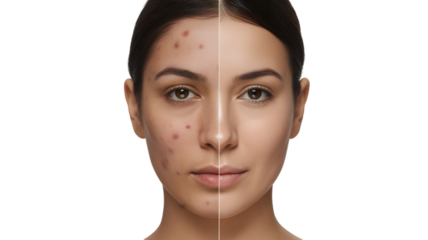 Split face comparison showing skin transformation from acne to clear healthy skin isolated on transparent background