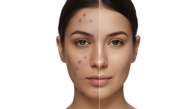 Split face comparison showing skin transformation from acne to clear healthy skin isolated on transparent background