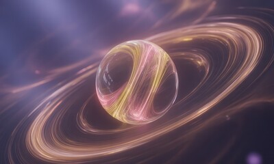 A luminous, transparent sphere with internal, swirling, pastel-colored energy rests within concentric, glowing rings against a dark, cosmic backdrop, illuminated by soft, ethereal light