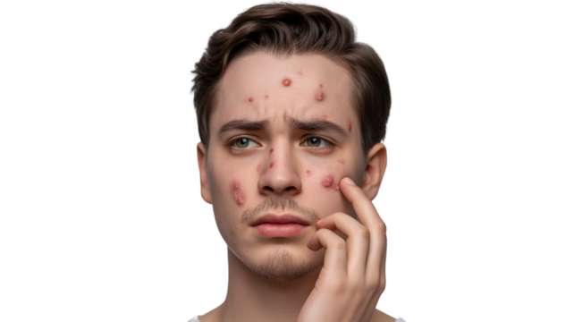 Young man with acne and blemishes on his face touching his cheek isolated on transparent background - Powered by Adobe