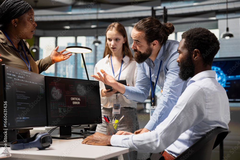 Poster software developers working together, resolving critical error alert on screen in tech startup offic