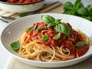 A plate of spaghetti with tomato sauce and basil