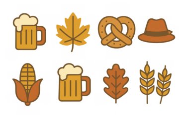 Autumn-themed icon set with beer mugs, leaves, pretzels and hat