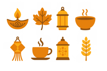 Festive autumn icons with diwali and fall elements in flat design