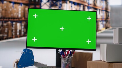 Empty industrial warehouse depot shows screen with copy space mockup, fulfillment center shipping...