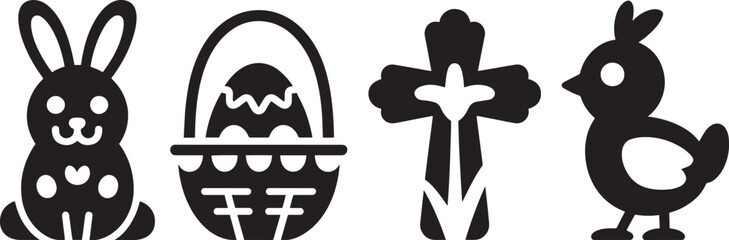 Delightful Springtime Icons Featuring Bunny, Basket, Cross, and Chick for Seasonal Projects