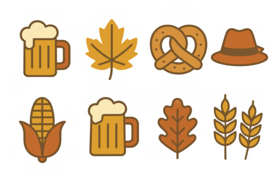 Autumn-themed icon set with beer mugs, leaves, pretzels and hat